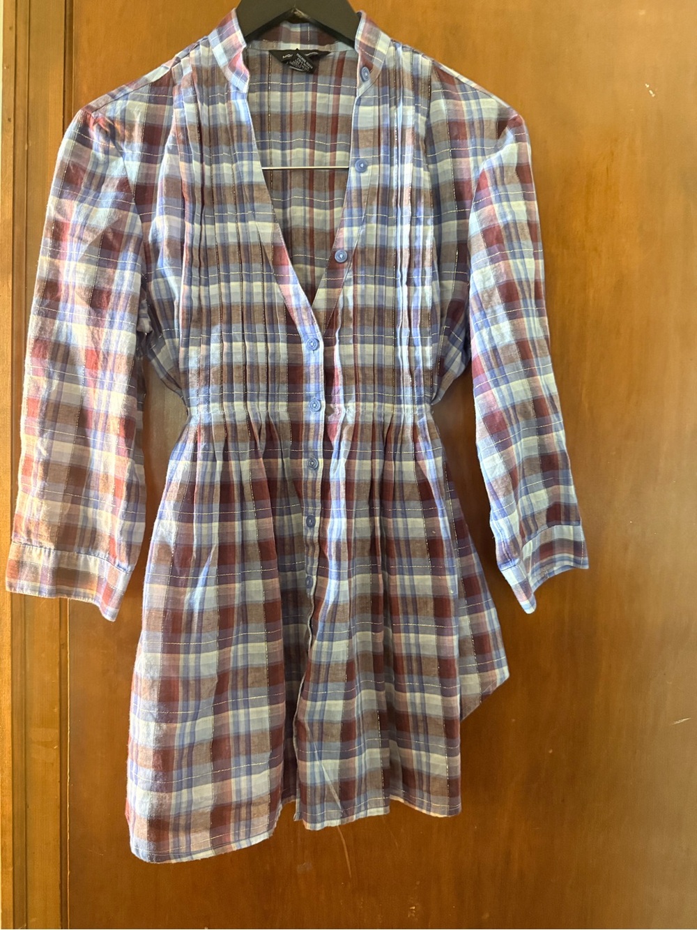 Moda International Plaid Button-down blouse  in Blue, Brown & White